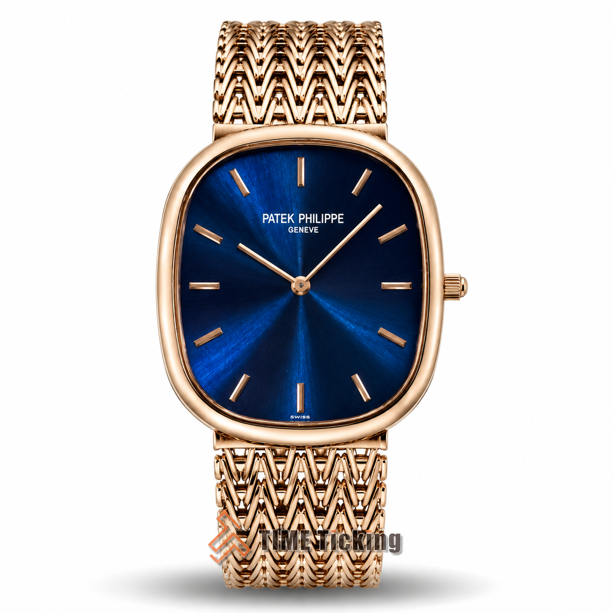 Patek Philippe Golden Ellipse Master Grade Replica watch with rose gold case and sunburst blue dial.