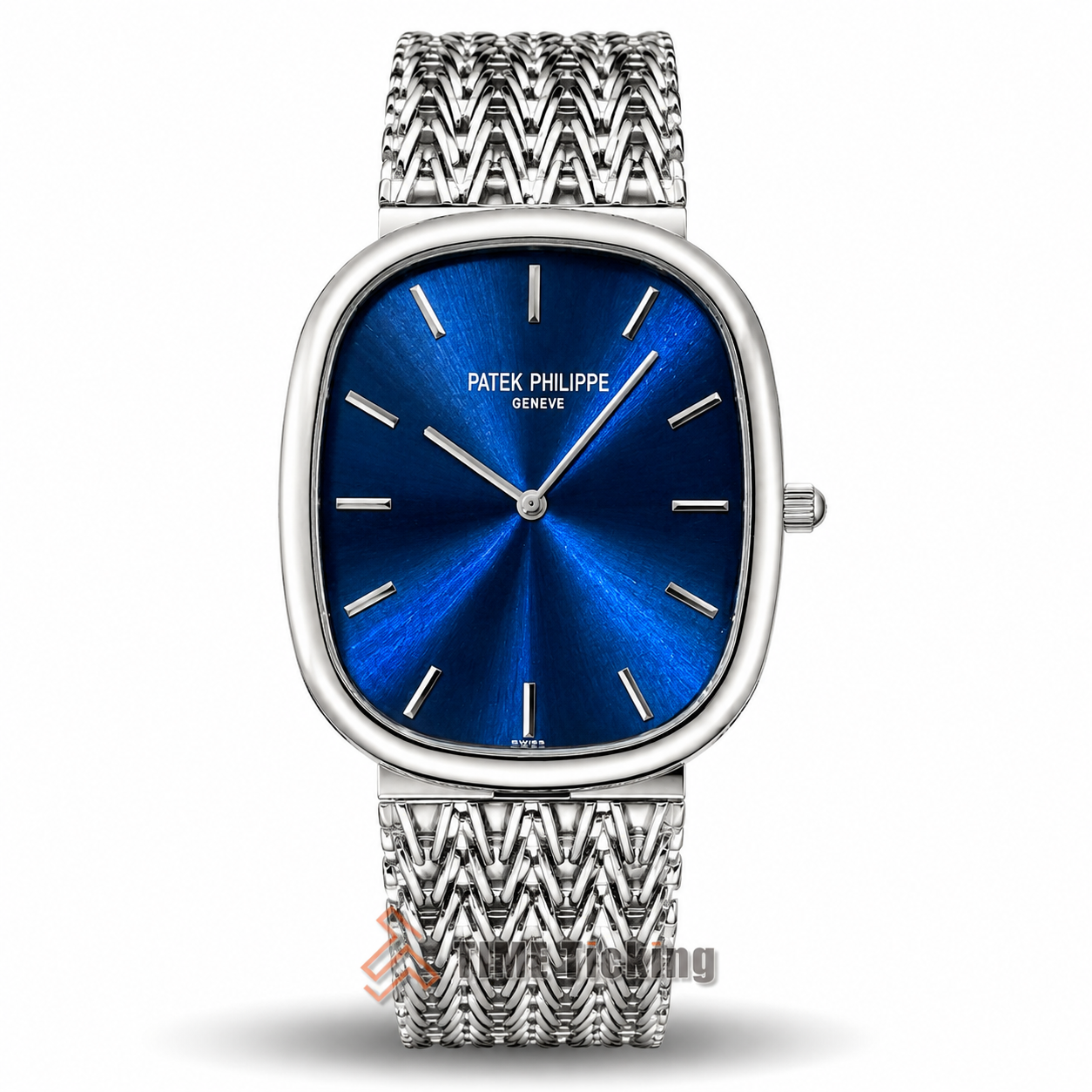 Patek Philippe Golden Ellipse Master Grade Replica watch with silver case and sunburst blue dial.