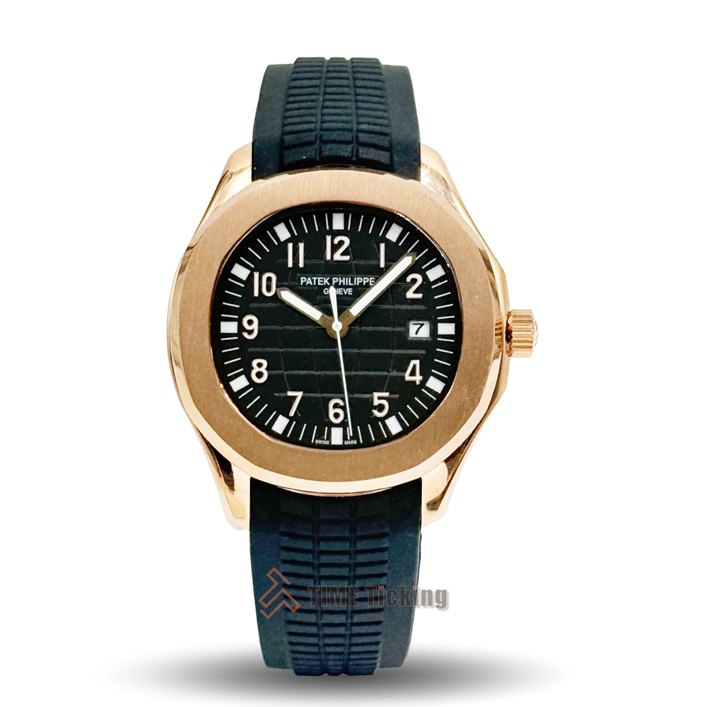 Patek Philippe Aquanaut Chronograph men’s Master Grade Replica watch with a black dial and rose gold case.