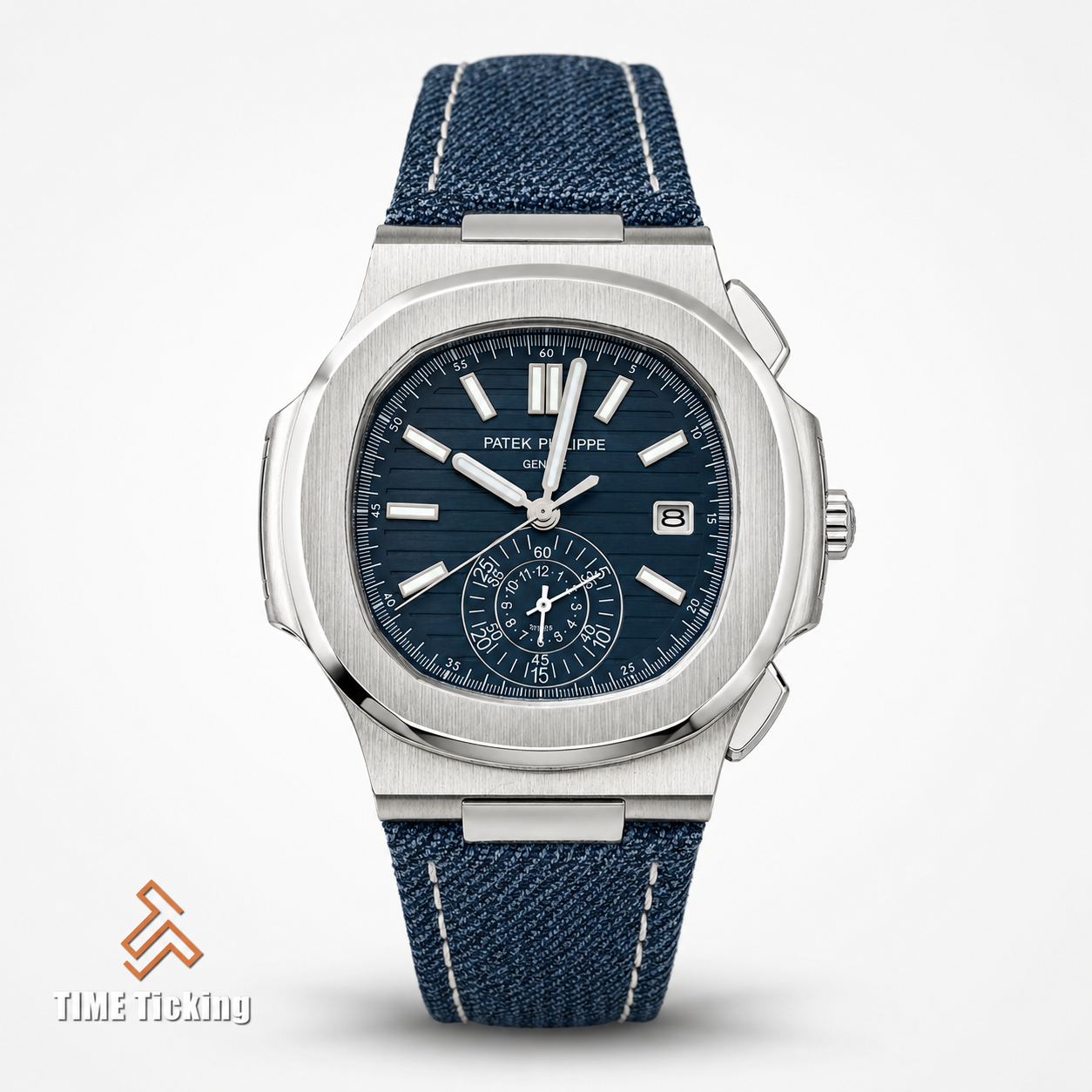 Patek Philippe Nautilus Flyback Chronograph men’s watch with opaline blue dial, stainless steel case and integrated bracelet