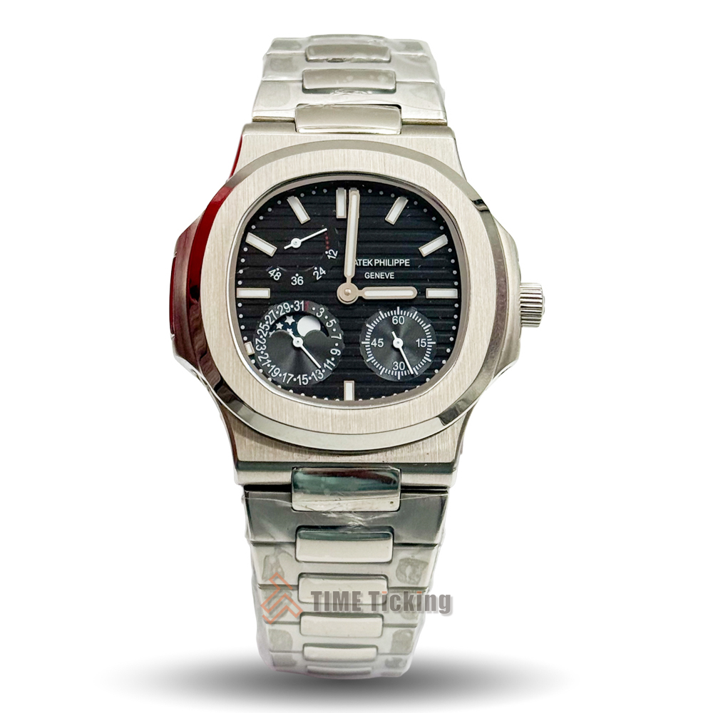Patek Philippe Nautilus Moonphase 40mm men’s Master Grade Replica automatic watch with a stainless steel case and black gradient dial.