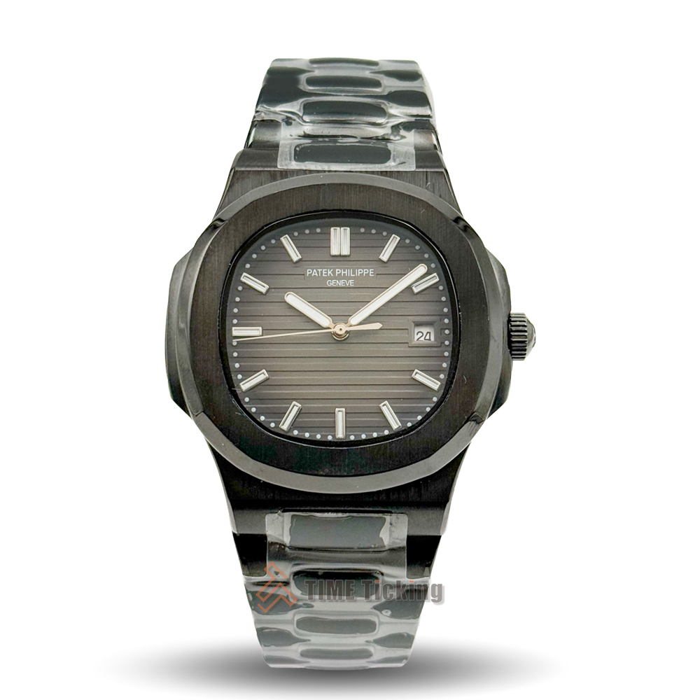 Patek Philippe Nautilus 40mm men’s Master Grade Replica automatic watch with a black case and dark gray dial.