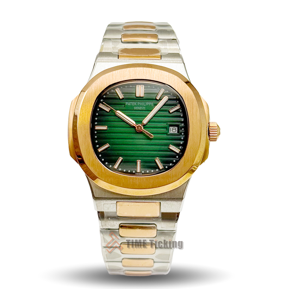 Patek Philippe Nautilus 40mm men’s Master Grade Replica automatic watch with a two-tone rose gold and silver case and green sunburst dial.
