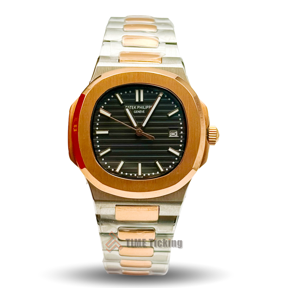 Patek Philippe Nautilus 40mm men’s Master Grade Replica automatic watch with a two-tone rose gold and silver case and black gradient dial.