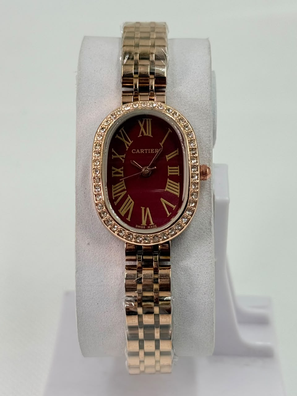 Cartier Baignoire luxury Stone Bezel Maroon Dial Rose Gold Case Women’s Watch - Image 6