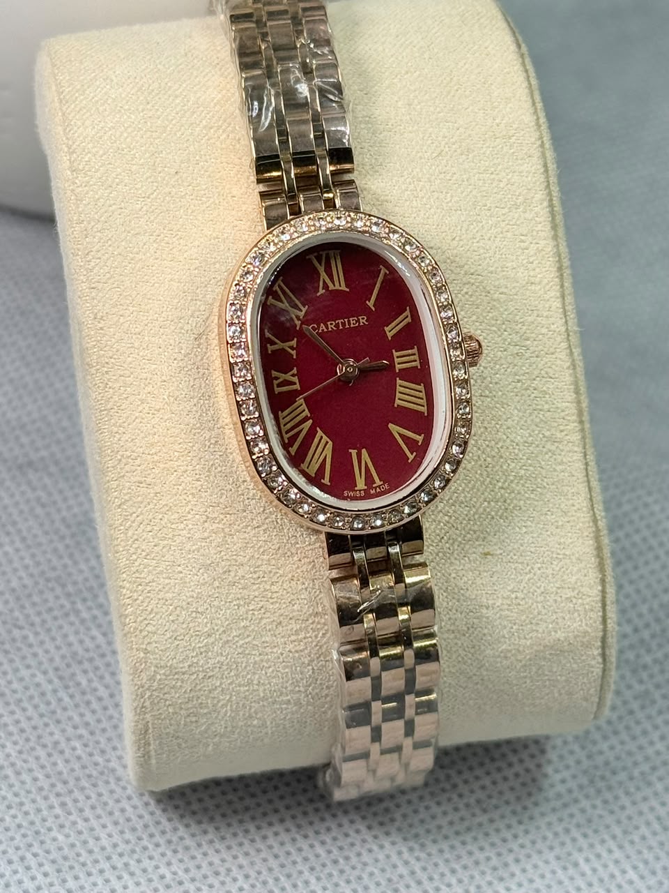 Cartier Baignoire luxury Stone Bezel Maroon Dial Rose Gold Case Women’s Watch - Image 5