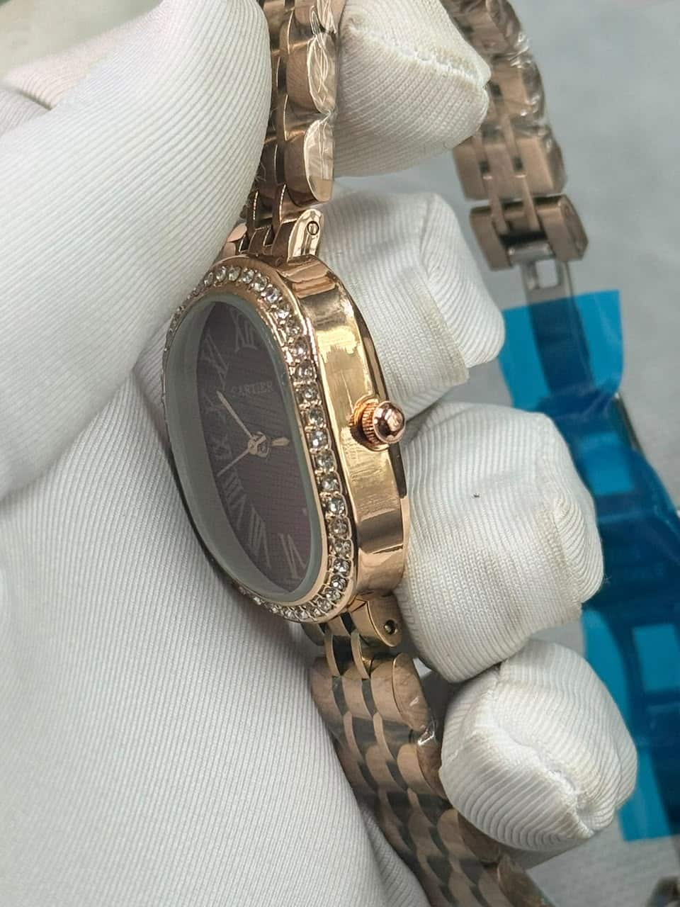 Cartier Baignoire luxury Stone Bezel Maroon Dial Rose Gold Case Women’s Watch - Image 4