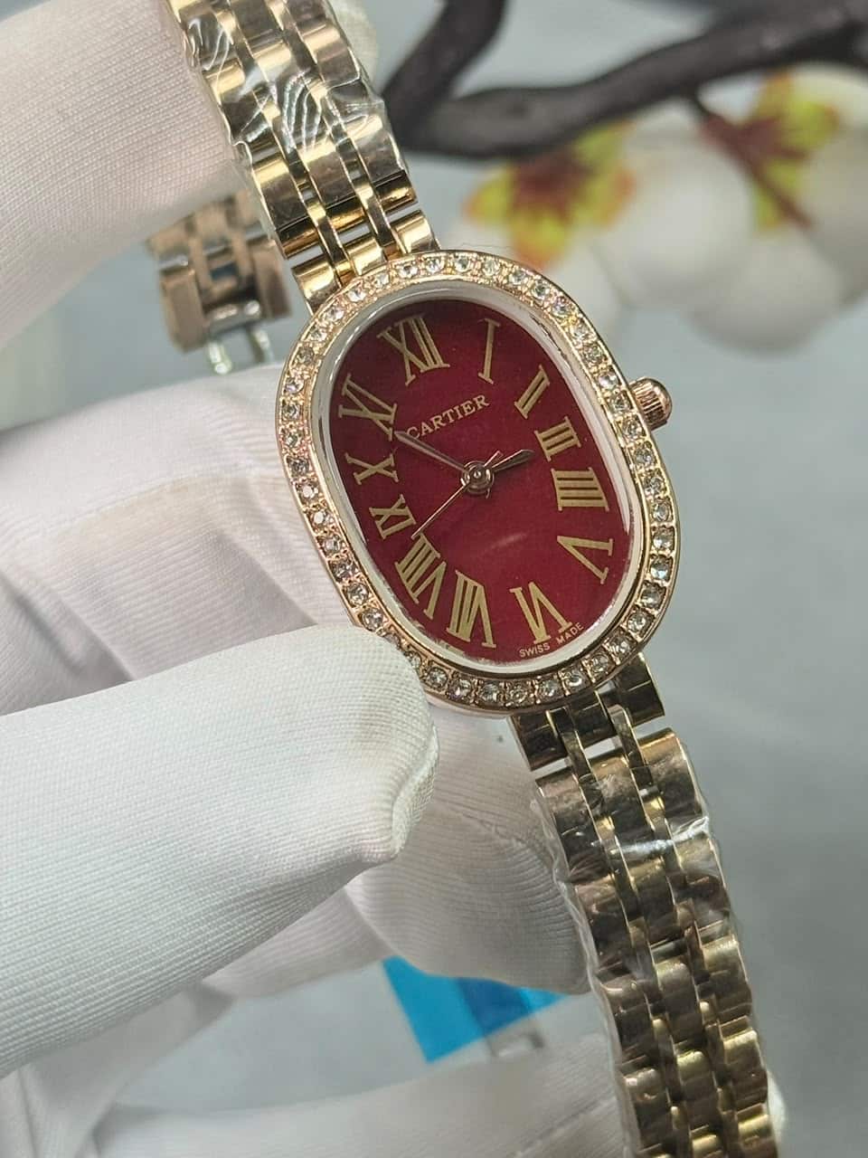 Cartier Baignoire luxury Stone Bezel Maroon Dial Rose Gold Case Women’s Watch - Image 2