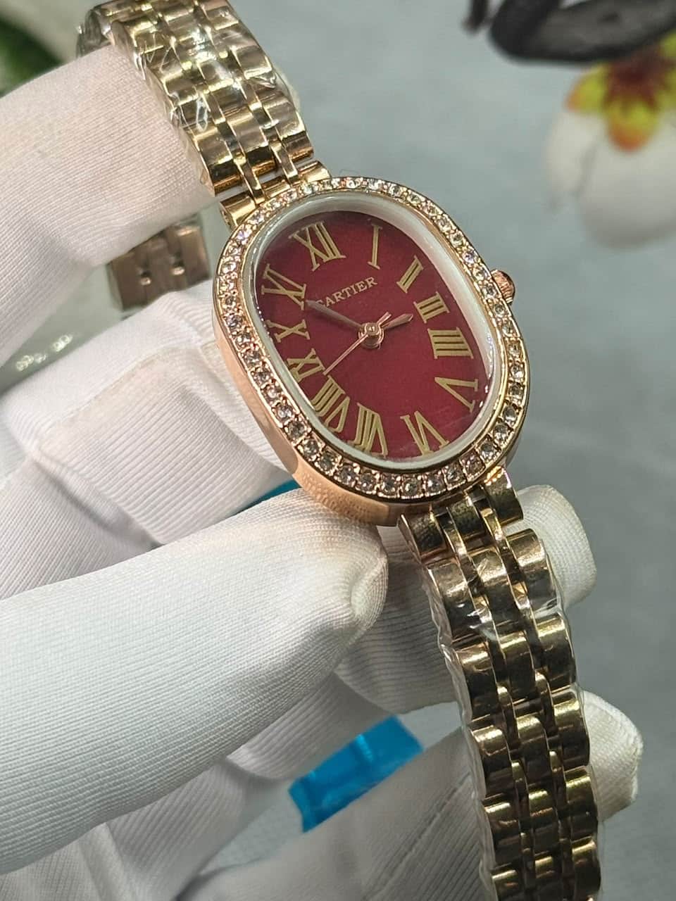 Cartier Baignoire luxury Stone Bezel Maroon Dial Rose Gold Case Women’s Watch - Image 3