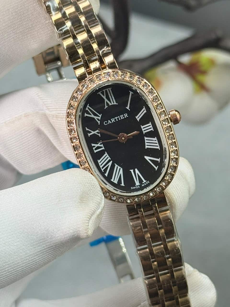 Cartier Baignoire luxury Stone Bezel Black Dial Rose Gold Case Women’s Watch - Image 2