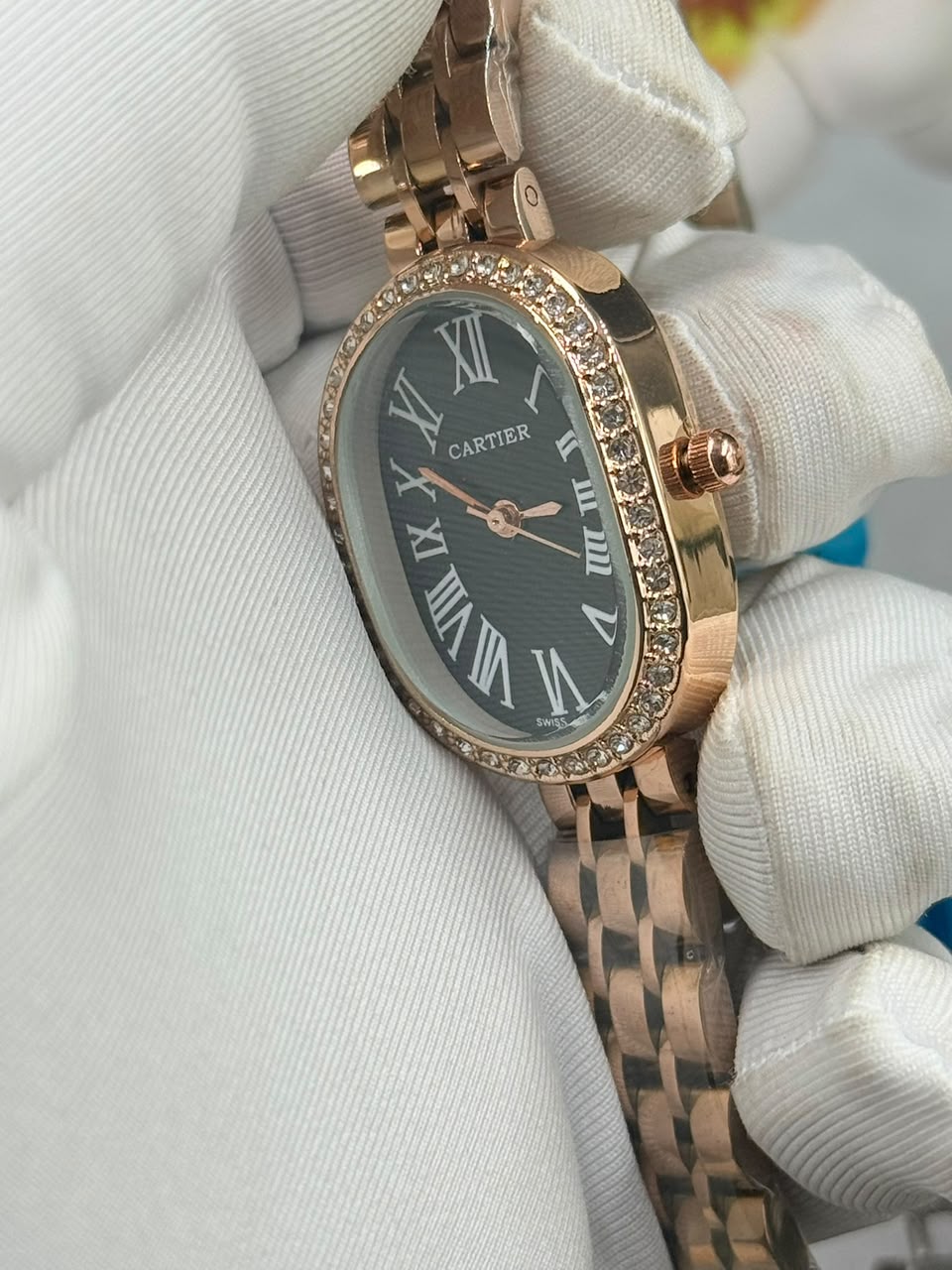 Cartier Baignoire luxury Stone Bezel Black Dial Rose Gold Case Women’s Watch - Image 5