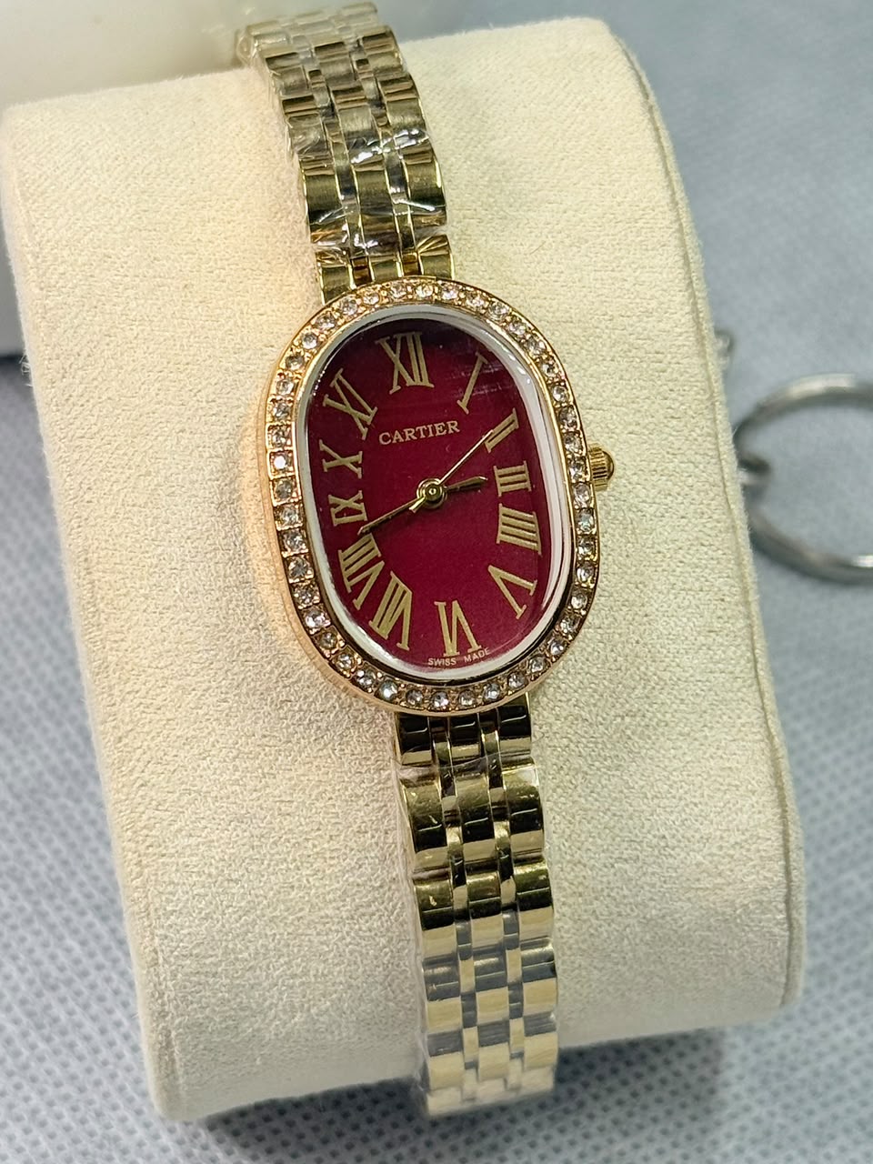 Cartier Baignoire luxury Stone Bezel Maroon Dial Gold Case Women’s Watch - Image 2