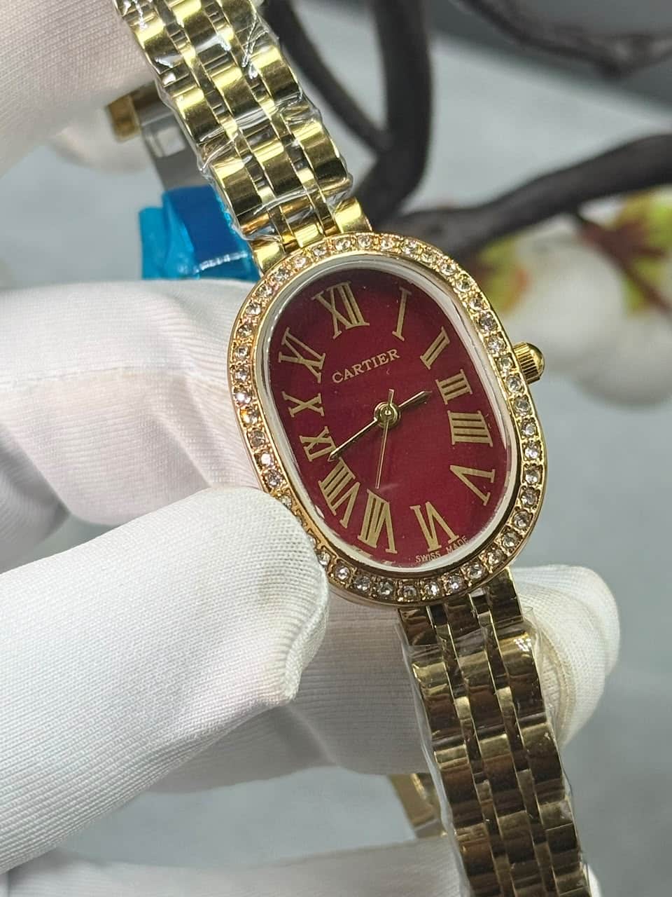 Cartier Baignoire luxury Stone Bezel Maroon Dial Gold Case Women’s Watch - Image 4