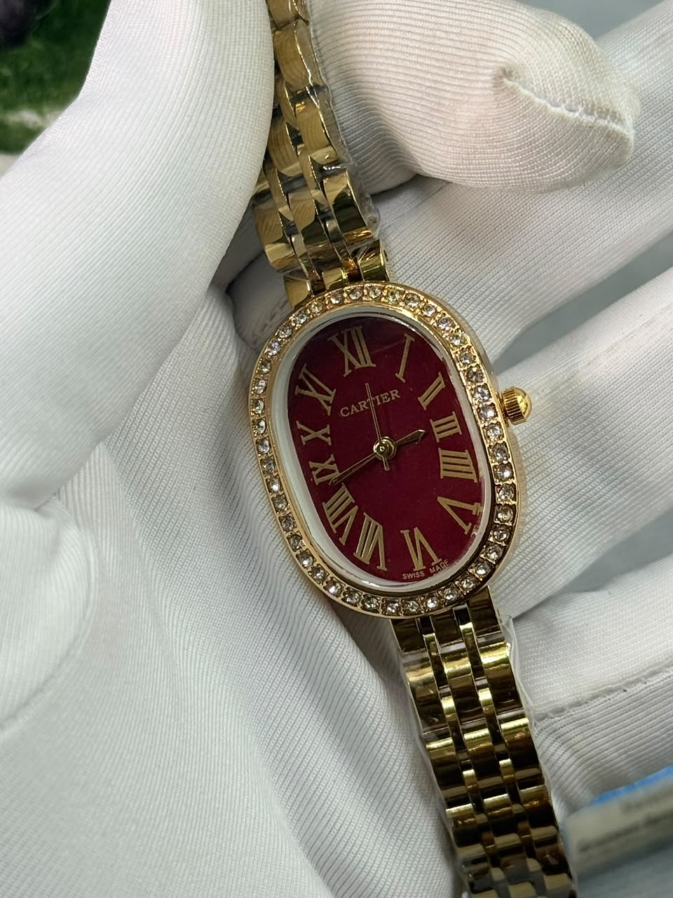 Cartier Baignoire luxury Stone Bezel Maroon Dial Gold Case Women’s Watch - Image 5
