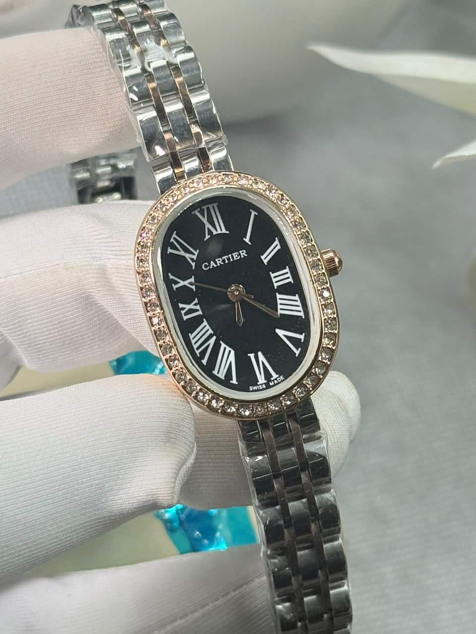 Cartier Baignoire luxury Stone Bezel Black Dial Women’s Watch - Image 3