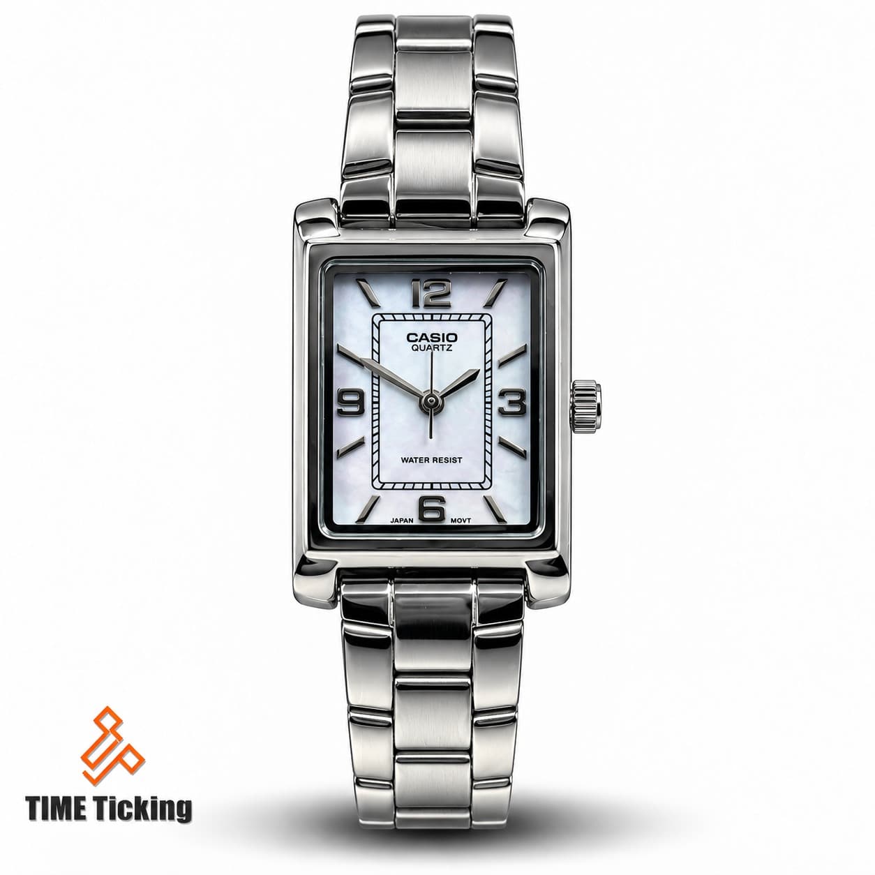 Casio LTP-1234DS-4A ladies watch with grey mother of pearl dial, silver stainless steel bracelet and Japan quartz movement