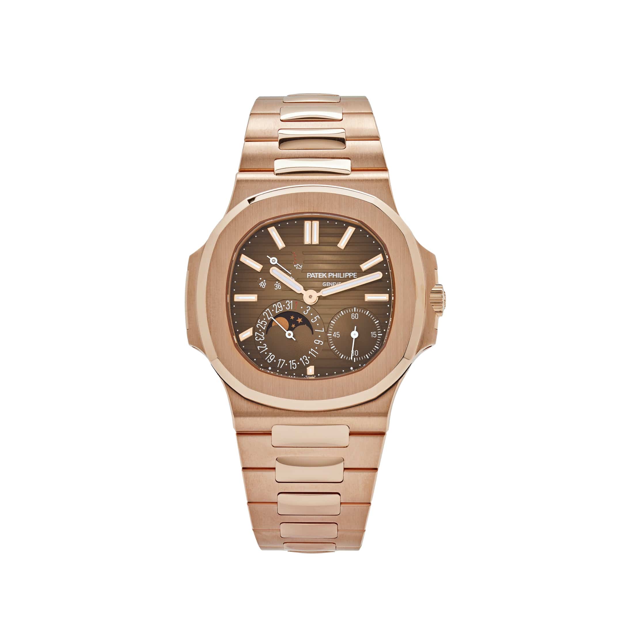 Patek Philippe Nautilus Moonphase 40mm men’s Master Grade Replica watch with a rose gold and stainless steel case and brown dial.