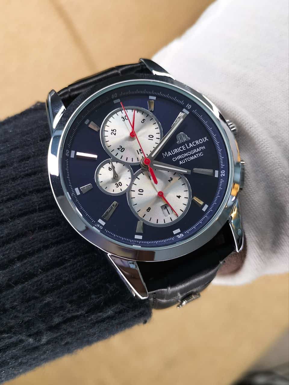 MAURICE LACROIX BLACK LEATHER BELT Quartz SS Blue Dial White Chronograph Men’s Watch - Image 2