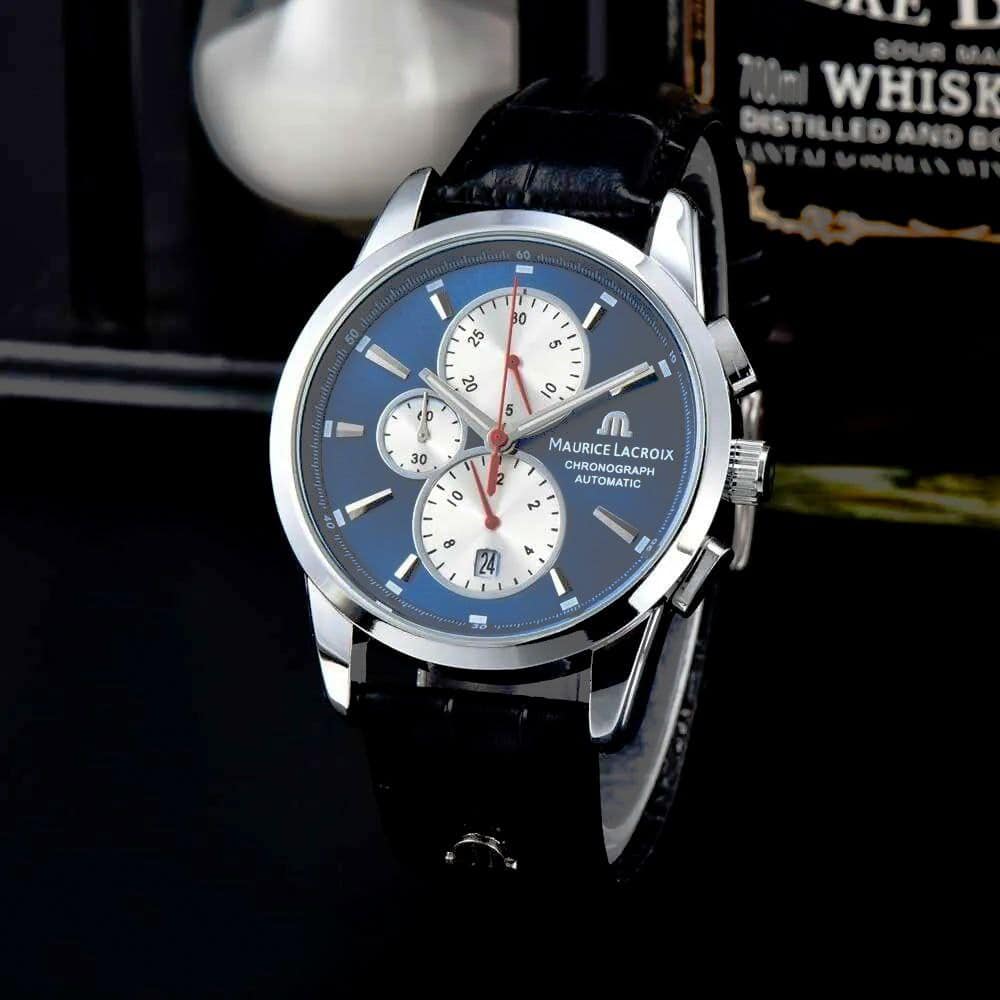 MAURICE LACROIX BLACK LEATHER BELT Quartz SS Blue Dial White Chronograph Men’s Watch - Image 3