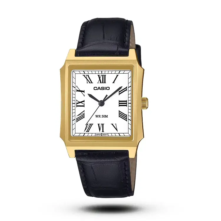 CASIO MTP-B190GL-7BV men’s rectangular tank watch with white dial, stainless steel case, and genuine leather band
