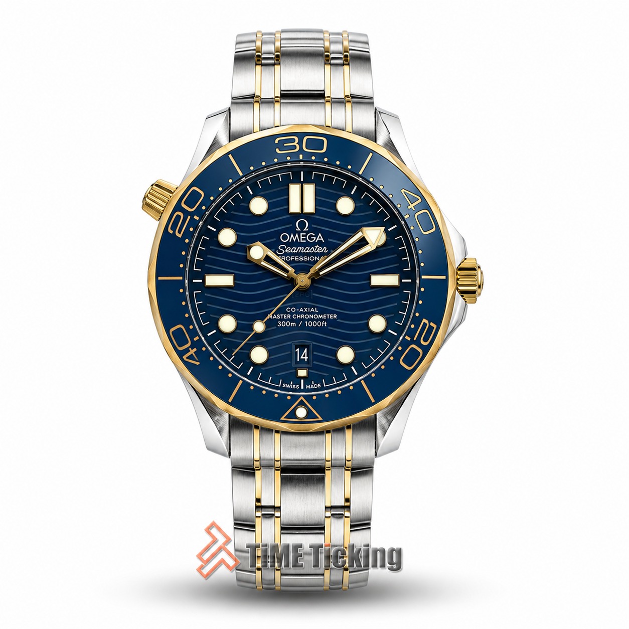 Two-Tone Omega Seamaster Diver 300M Co-Axial Master Chronometer men's watch with blue dial and stainless steel bracelet.