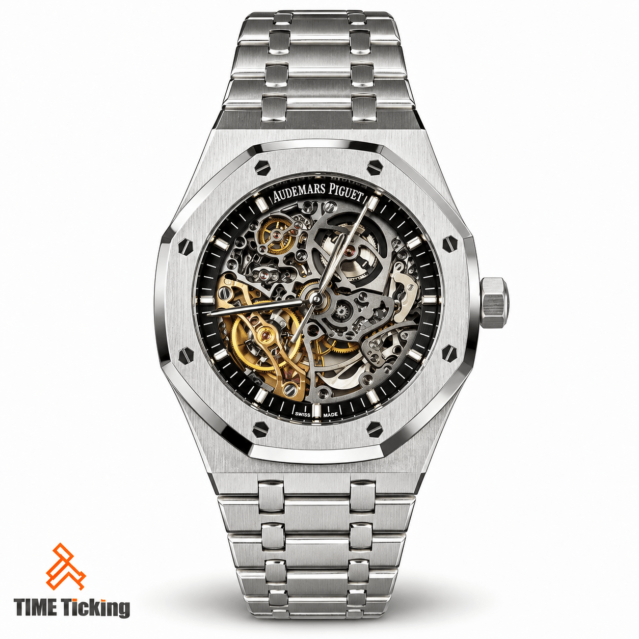 Silver-tone Royal Oak–style skeleton replica watch with an octagonal bezel, exposed mechanical movement, gold-tone hands, and integrated metal bracelet.