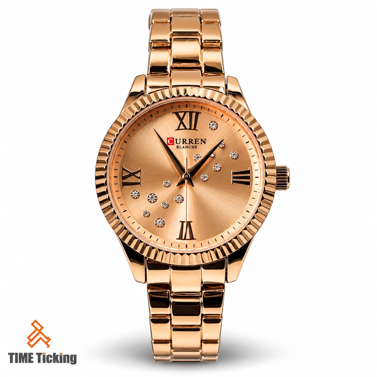 CURREN 9009 women's rose gold-tone watch featuring a champagne sunray dial, Roman numeral markers, decorative crystal accents, fluted bezel, and matching metal bracelet.