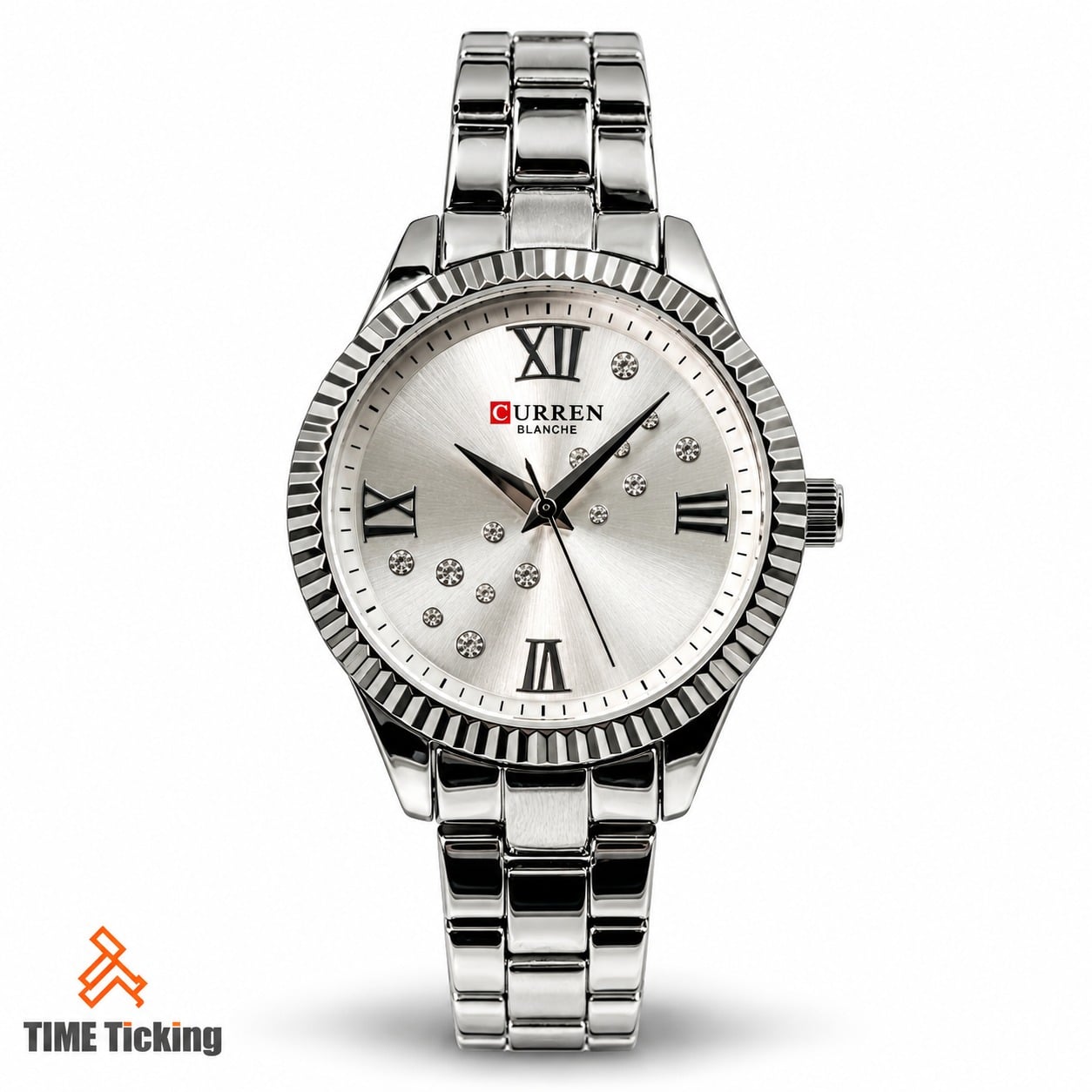 CURREN 9009 women's silver-tone wristwatch with white sunray dial, Roman numeral markers, crystal accents, fluted bezel and stainless steel bracelet