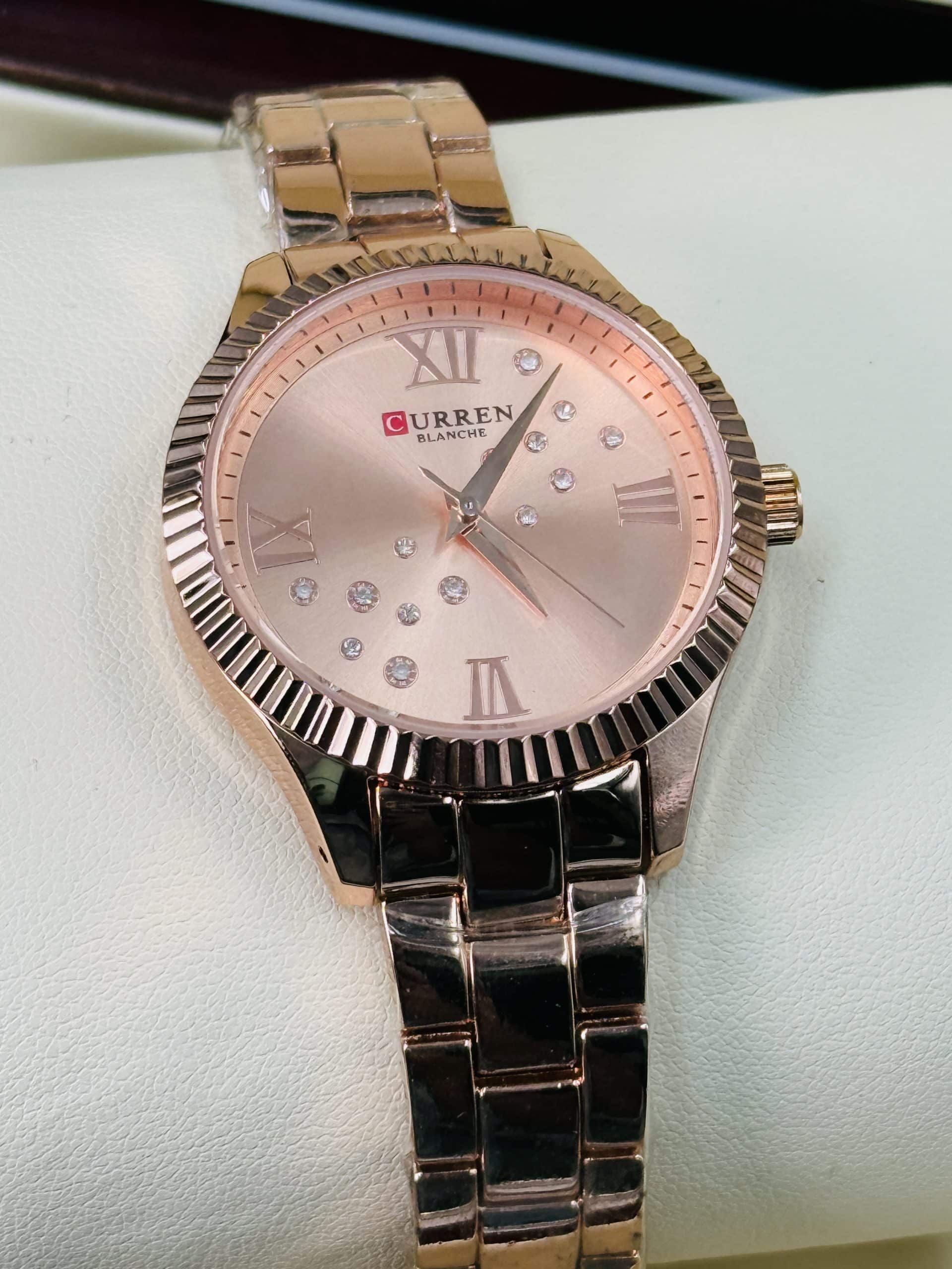 CURREN 9009 Women's Rose Gold Watch with Crystal Dial & Fluted Bezel | Time Ticking - Image 2