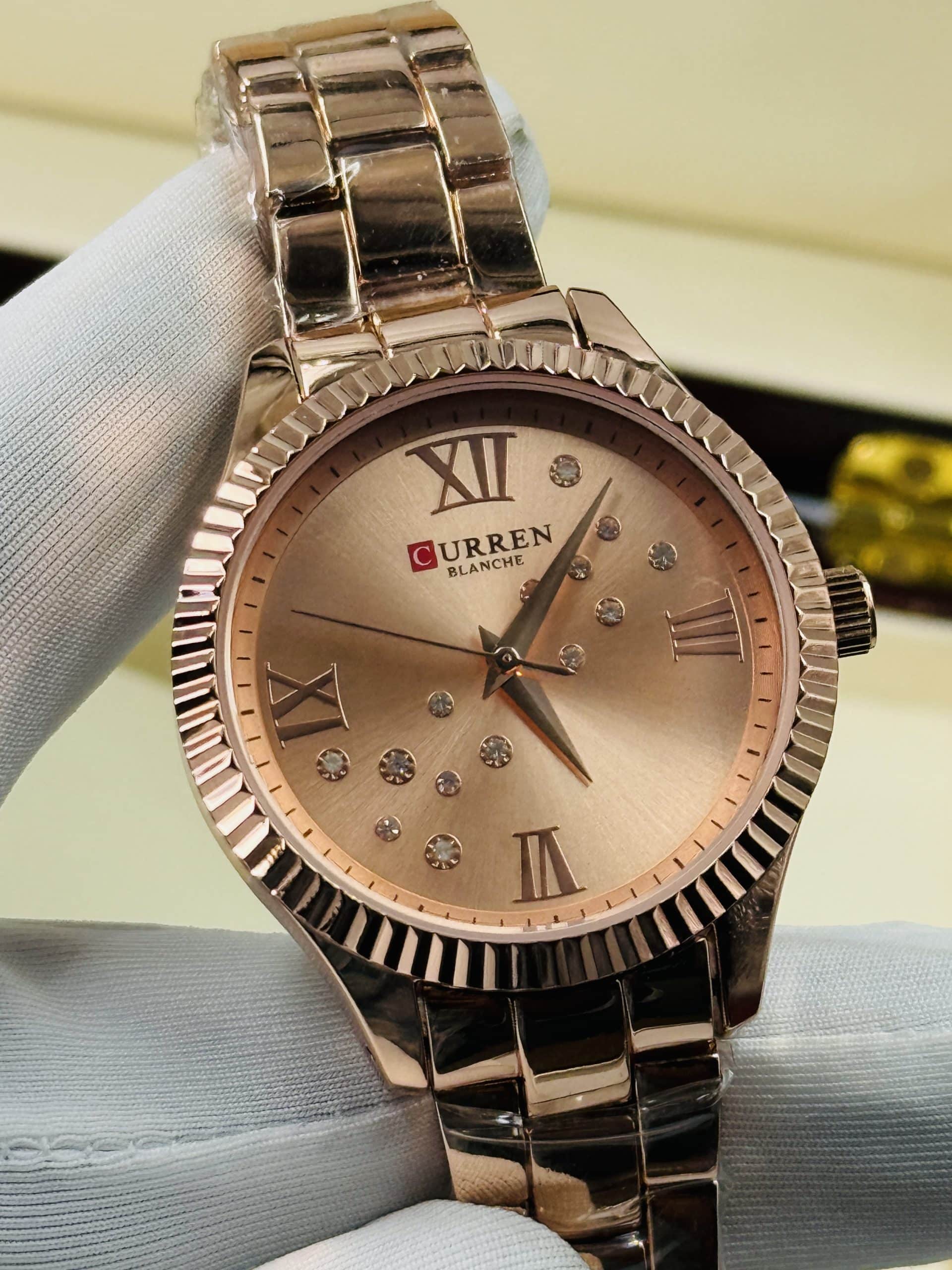 CURREN 9009 Women's Rose Gold Watch with Crystal Dial & Fluted Bezel | Time Ticking - Image 3