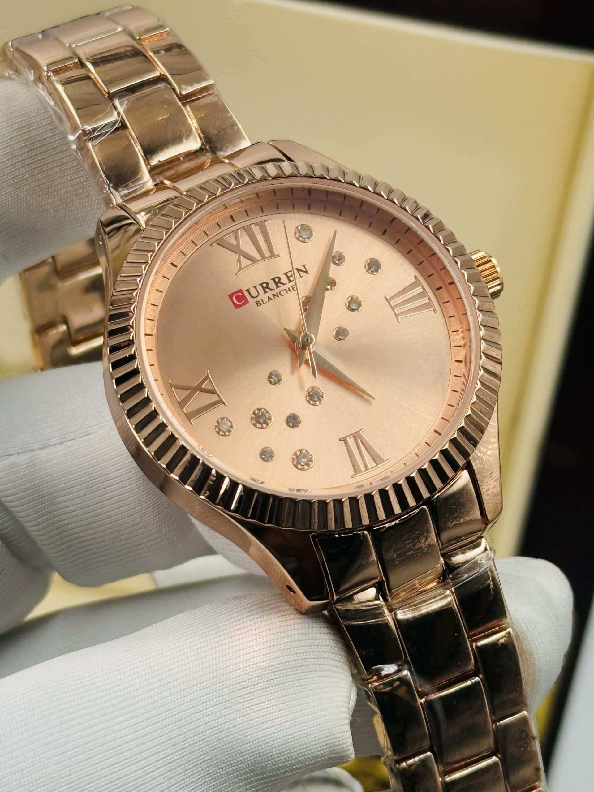 CURREN 9009 Women's Rose Gold Watch with Crystal Dial & Fluted Bezel | Time Ticking - Image 5