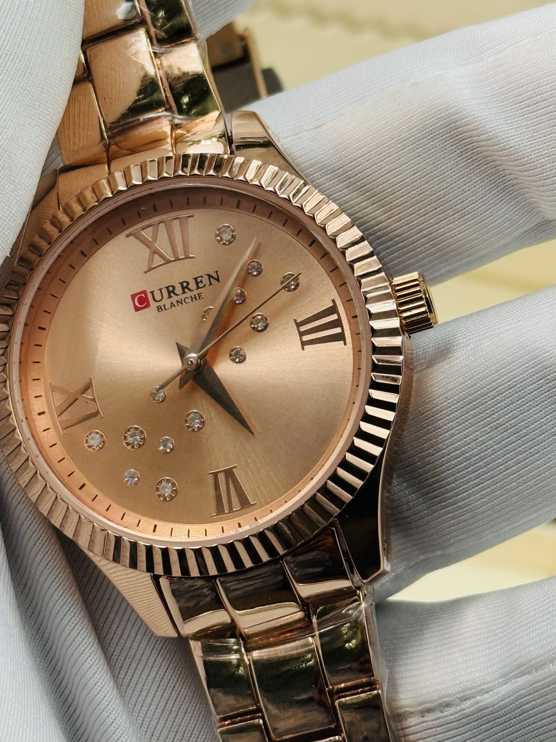 CURREN 9009 Women's Rose Gold Watch with Crystal Dial & Fluted Bezel | Time Ticking - Image 6