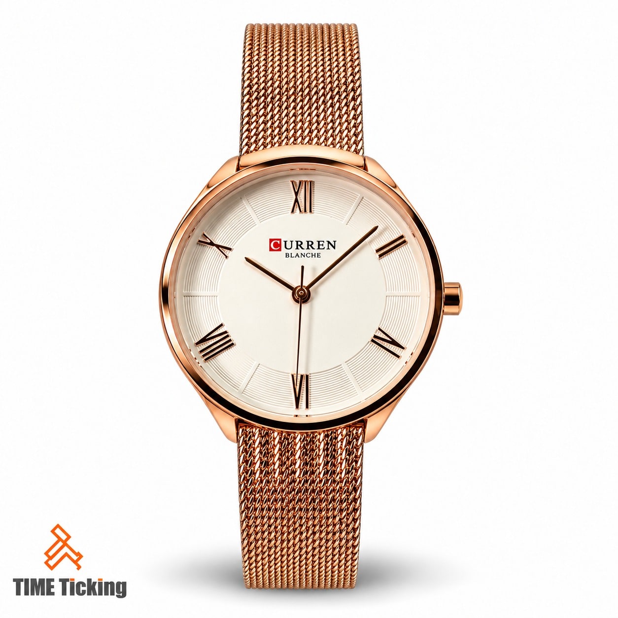 CURREN 9020 women's rose gold watch featuring a white dial, Roman numeral hour markers, slim mesh stainless steel strap, and elegant rose gold-tone case.