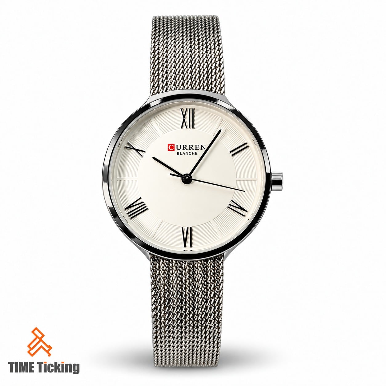 CURREN Blanche 9020 women's silver-tone watch with ivory white dial, black Roman numeral markers, and stainless steel mesh bracelet