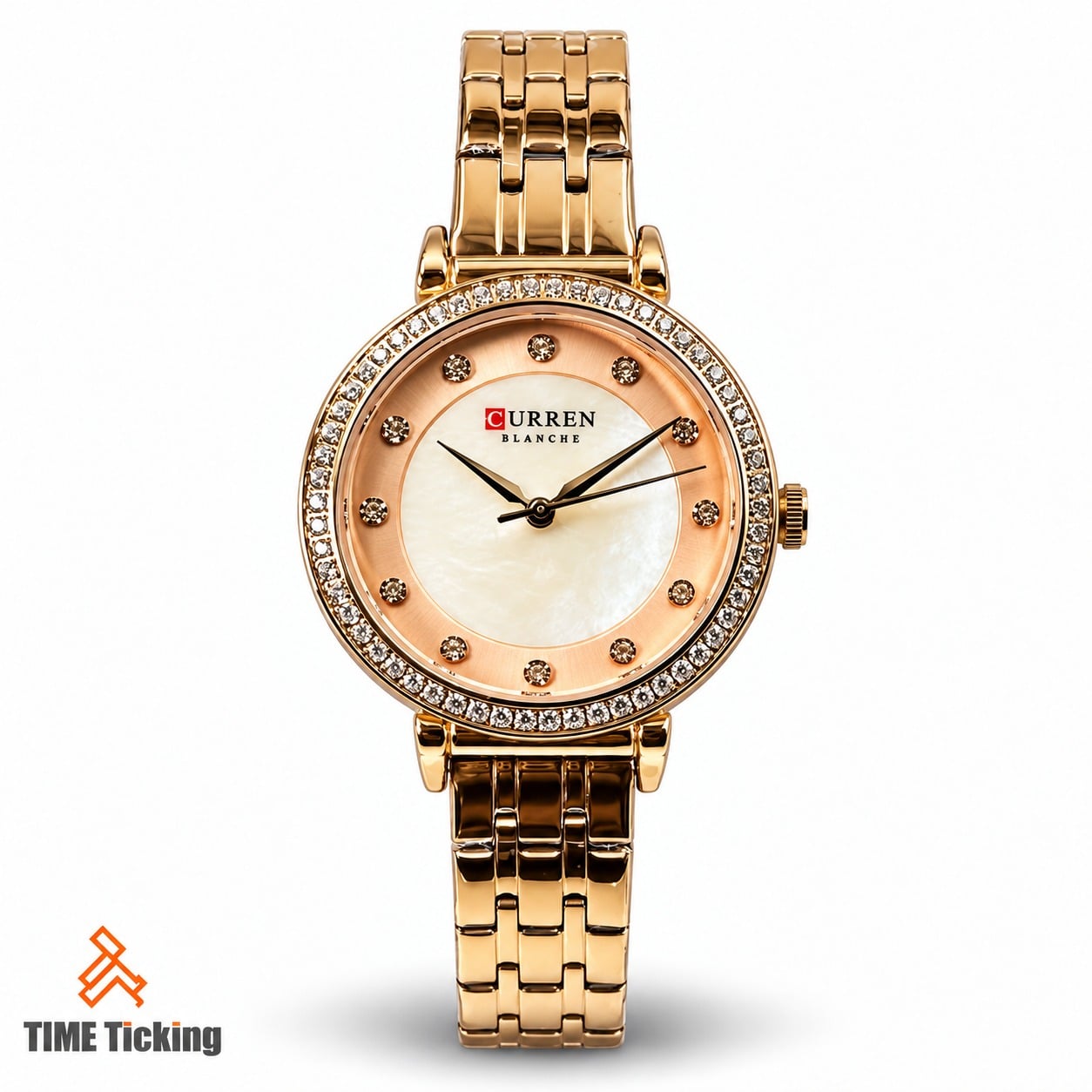 CURREN 9051 Women's Rose Gold Watch with Pearl White Dial & Crystal Bezel | Time Ticking