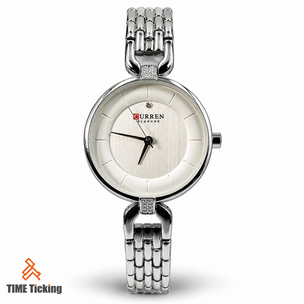 CURREN 9052 women's silver-tone watch with ivory white dial, minimalist hour markers, and stainless steel bracelet