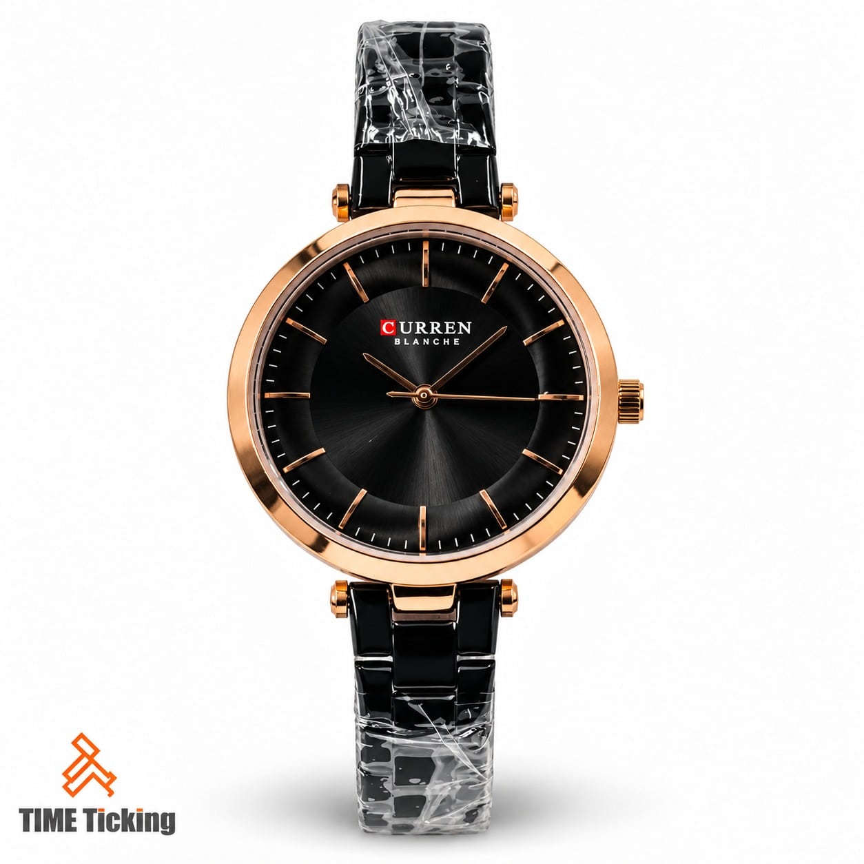 CURREN 9054 women's watch featuring a black sunray dial, rose gold-tone case and hour markers, and a glossy black bracelet