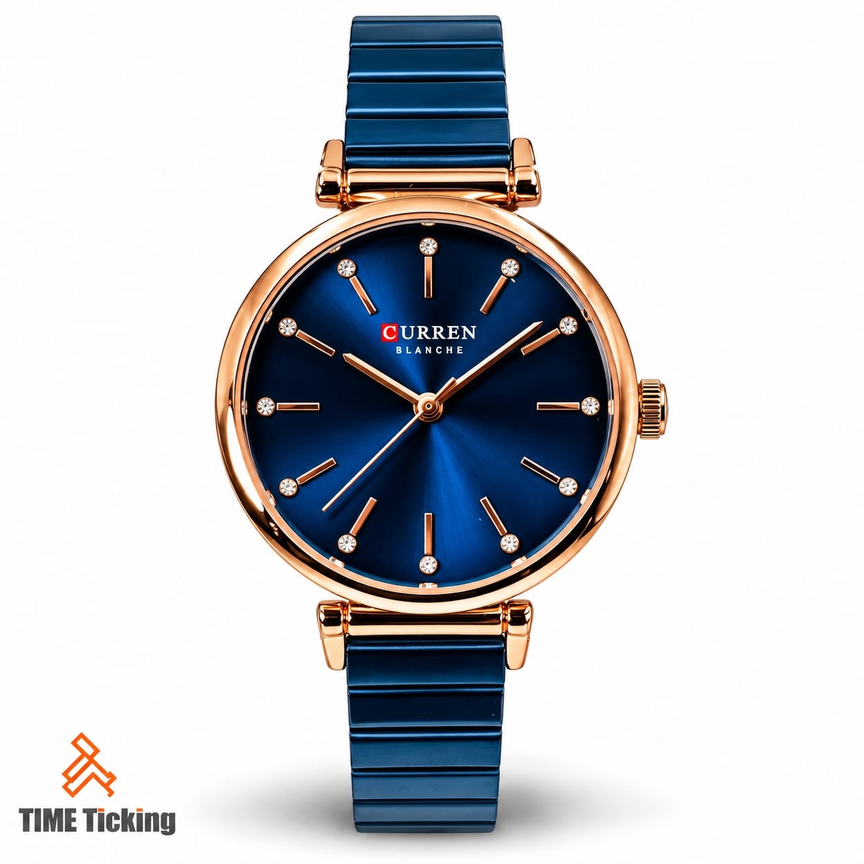 CURREN Blanche 9081 women's rose gold-tone watch with blue sunray dial, crystal-style hour markers, and navy blue bracelet