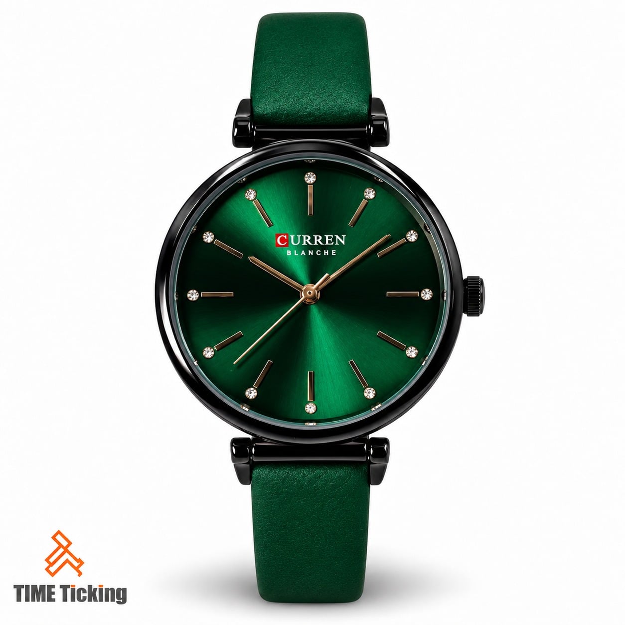 CURREN Blanche 9081 women's watch with emerald green sunray dial, black-tone round case, gold-tone hands, crystal-style hour markers, and matching green strap