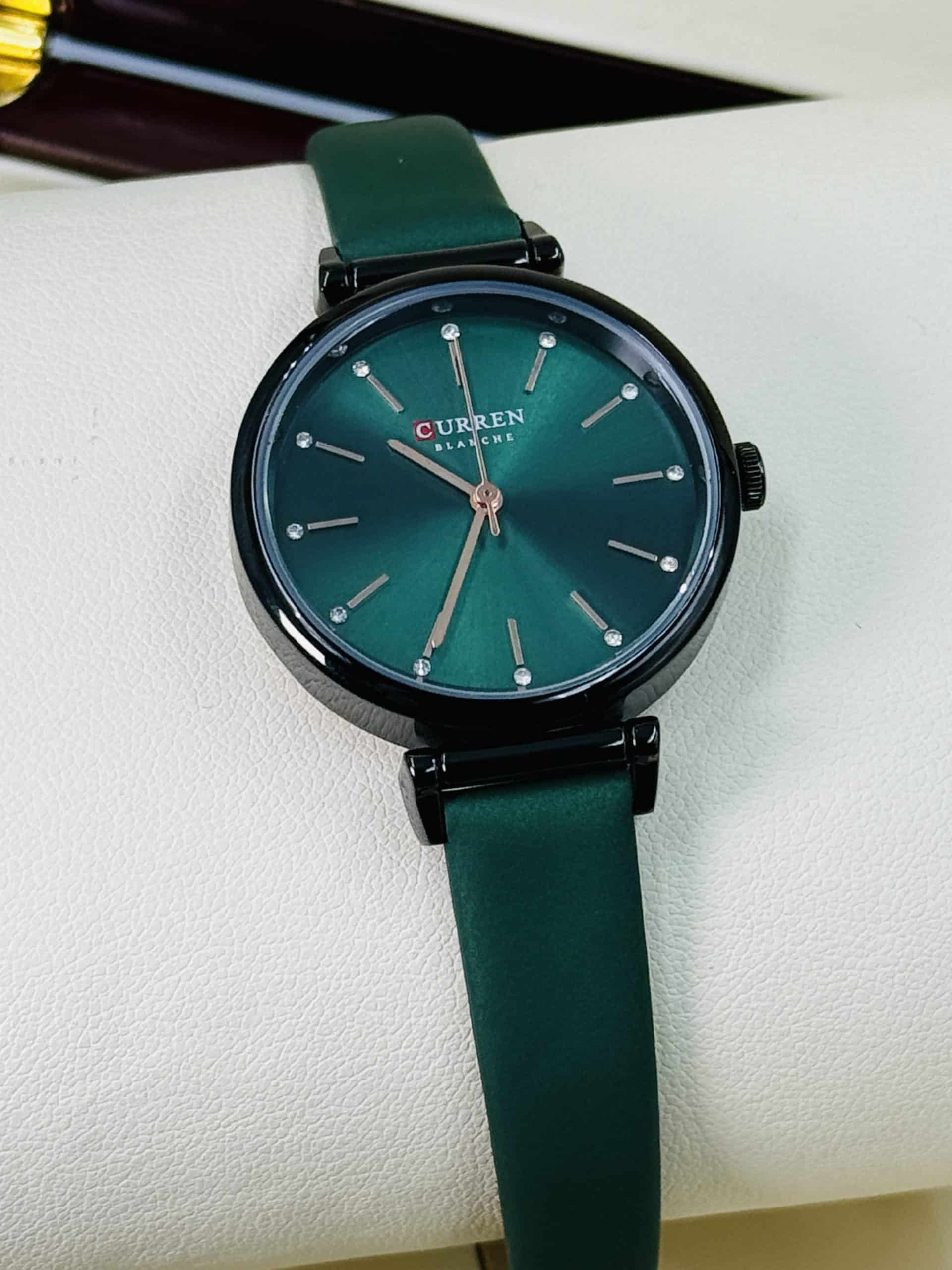 CURREN Blanche 9081 Women's Green Watch with Black Case and Green Leather Strap | Time Ticking - Image 2