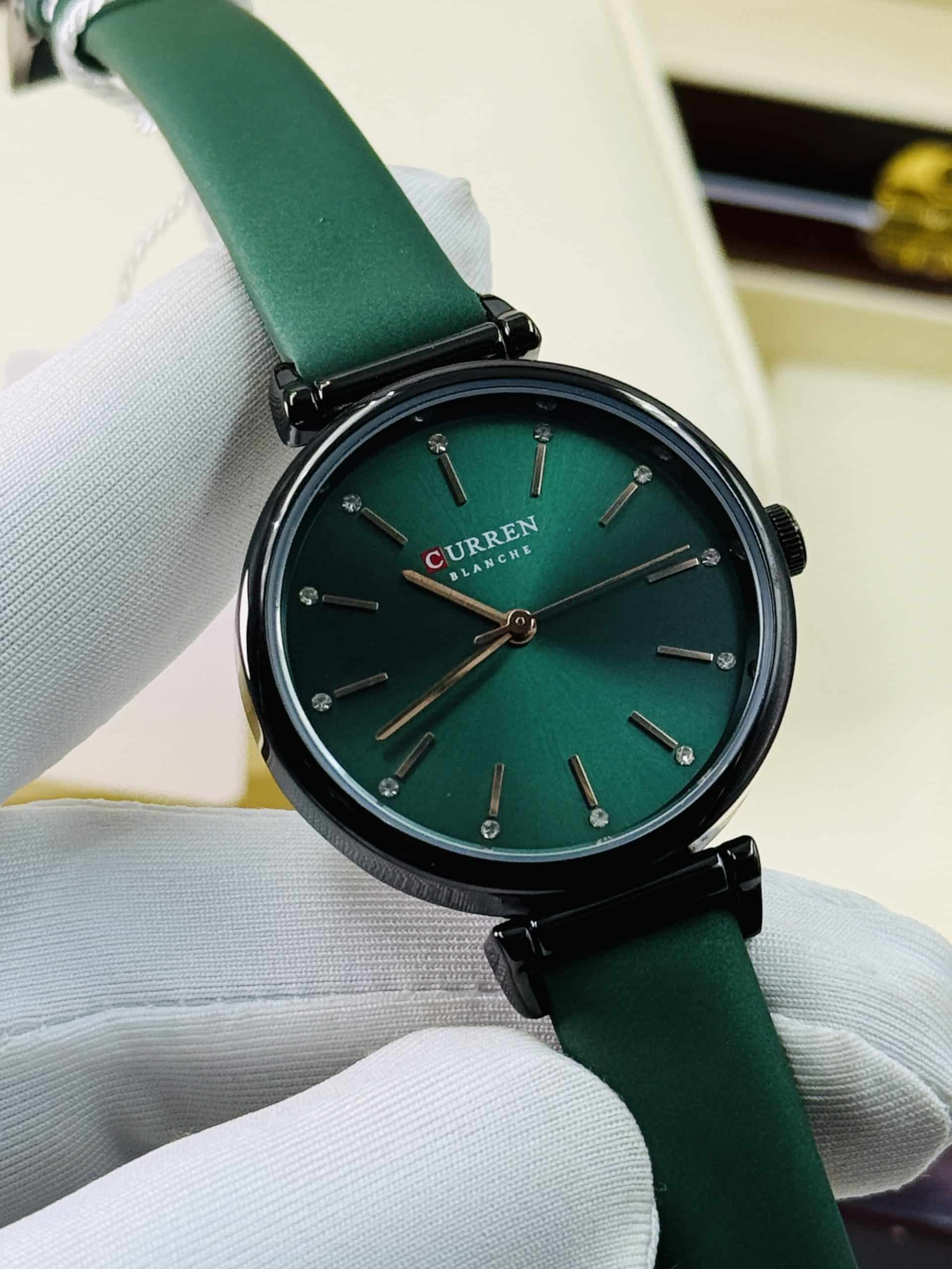 CURREN Blanche 9081 Women's Green Watch with Black Case and Green Leather Strap | Time Ticking - Image 3