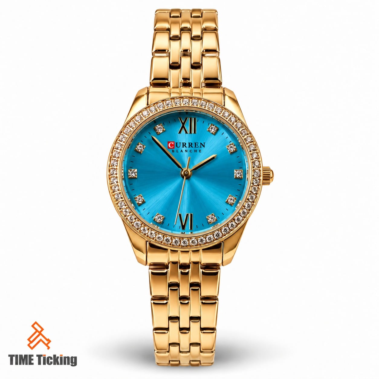 CURREN 9086 women's gold-tone stainless steel watch with turquoise blue sunray dial, Roman numeral markers, and crystal-studded bezel