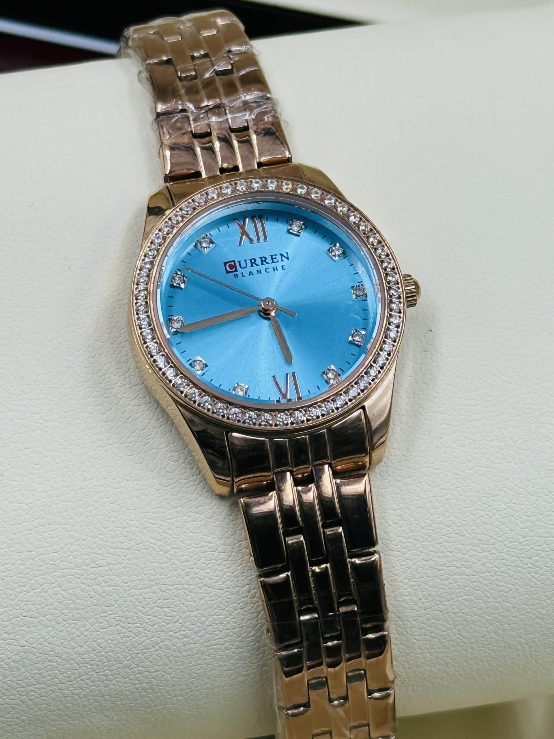 CURREN 9086 Women's Gold Watch with Turquoise Blue Dial and Crystal Bezel | Time Ticking - Image 2