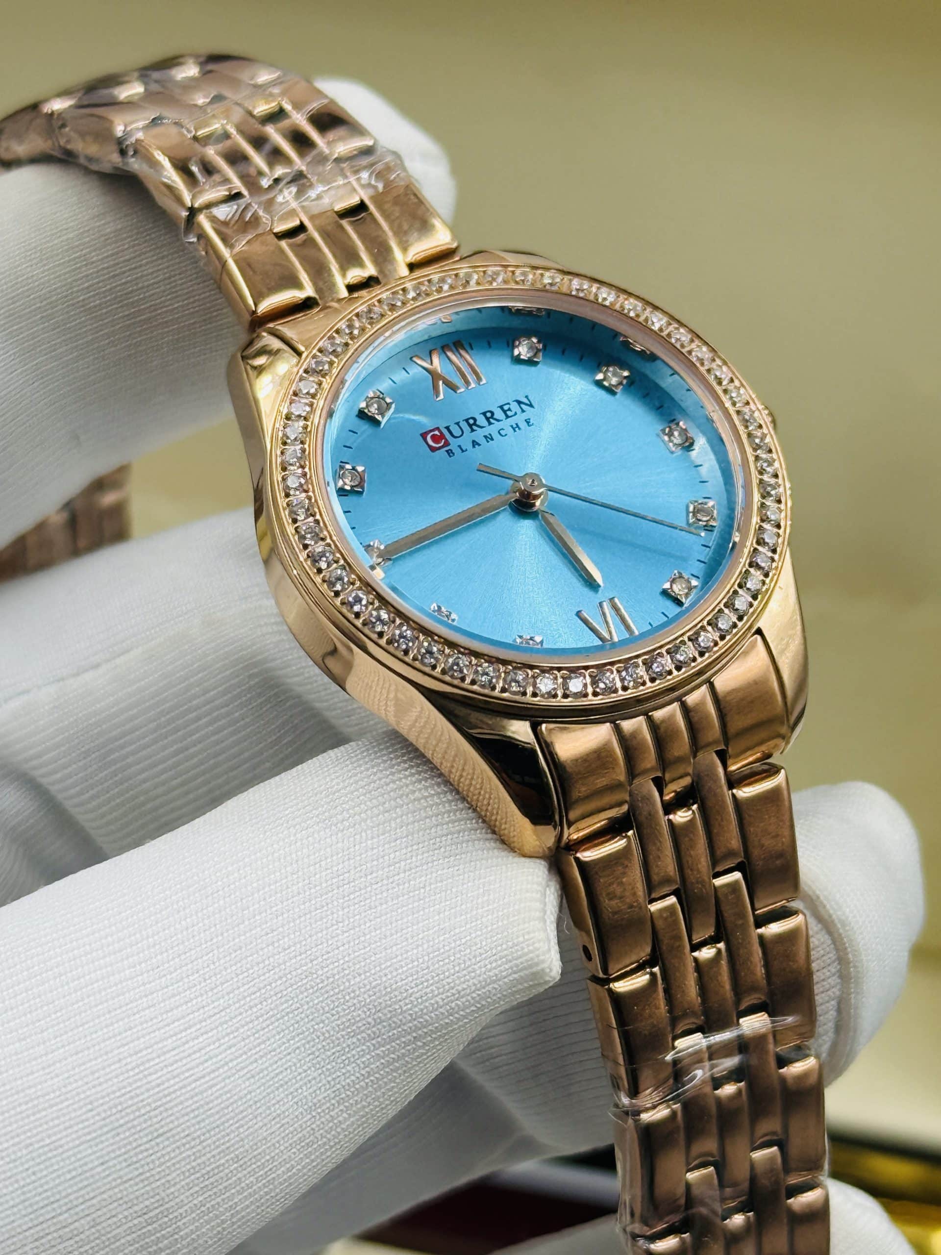 CURREN 9086 Women's Gold Watch with Turquoise Blue Dial and Crystal Bezel | Time Ticking - Image 4