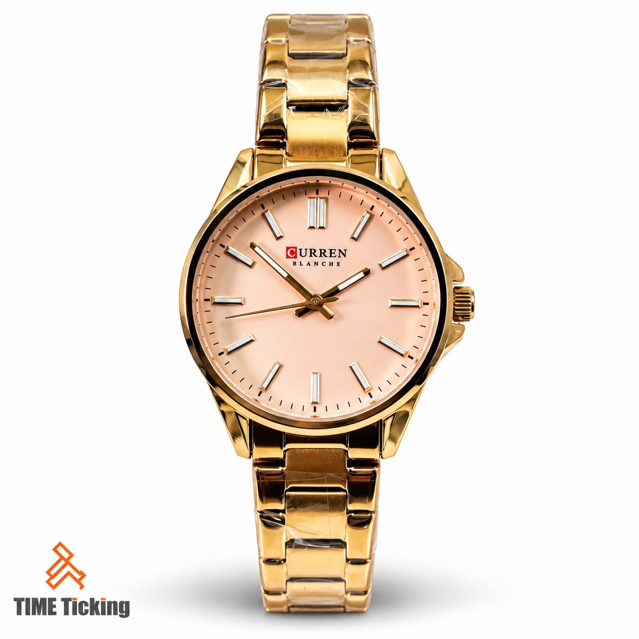 CURREN 9090 women's gold-tone stainless steel watch with blush pink dial and elegant gold bracelet