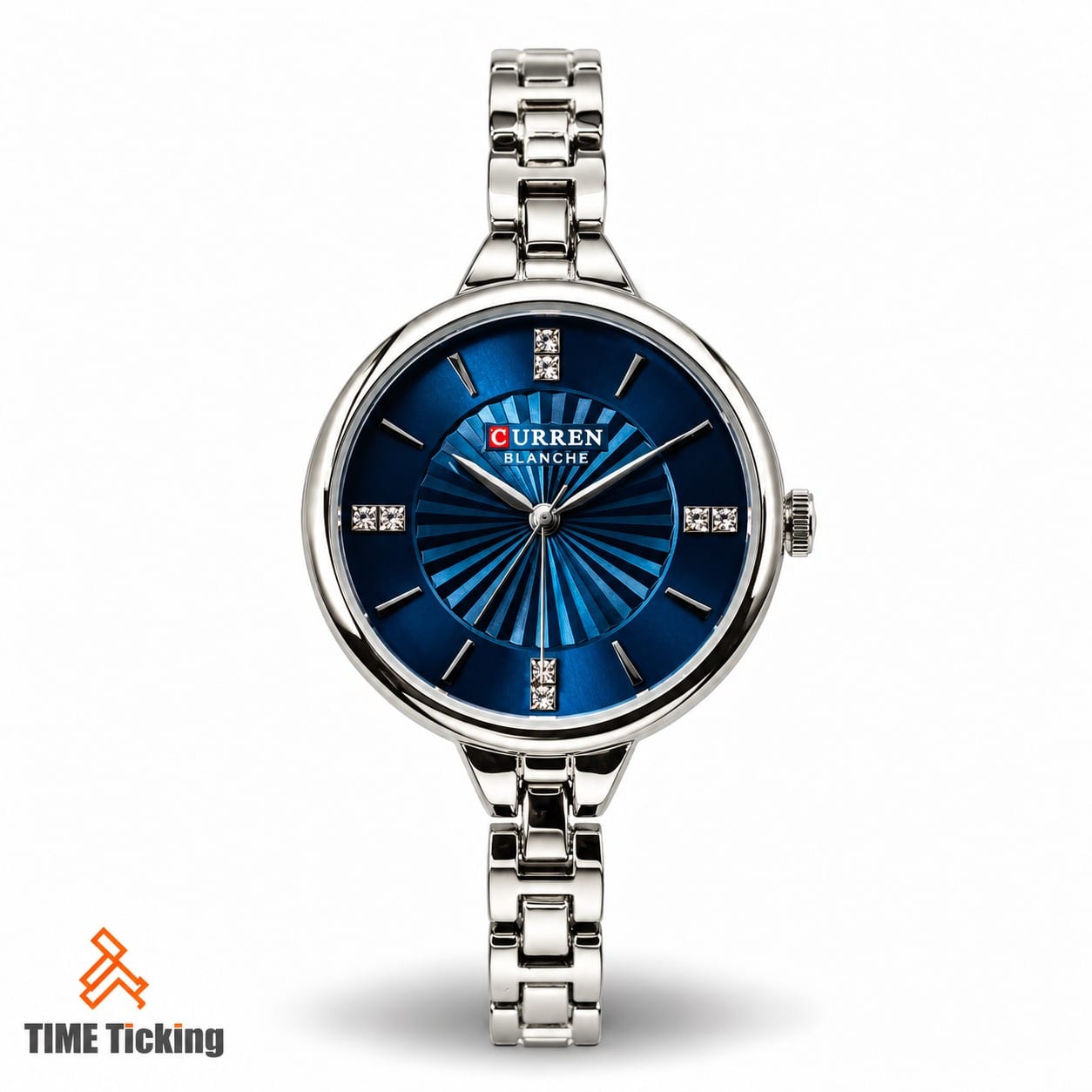 CURREN 9097 women's silver stainless steel watch with blue sunburst dial and crystal-style hour markers