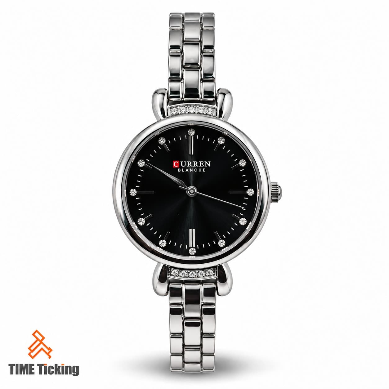 CURREN Blanche 9098 women's silver-tone wristwatch with black sunray dial, crystal-style hour markers, and stainless steel bracelet