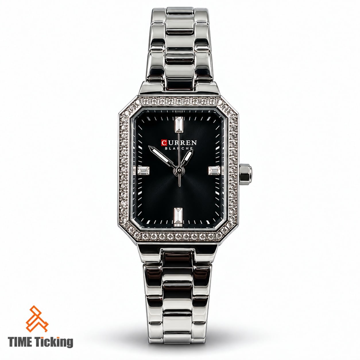 CURREN Blanche 9102 women's silver-tone watch with black rectangular dial, crystal-studded bezel, and stainless steel bracelet