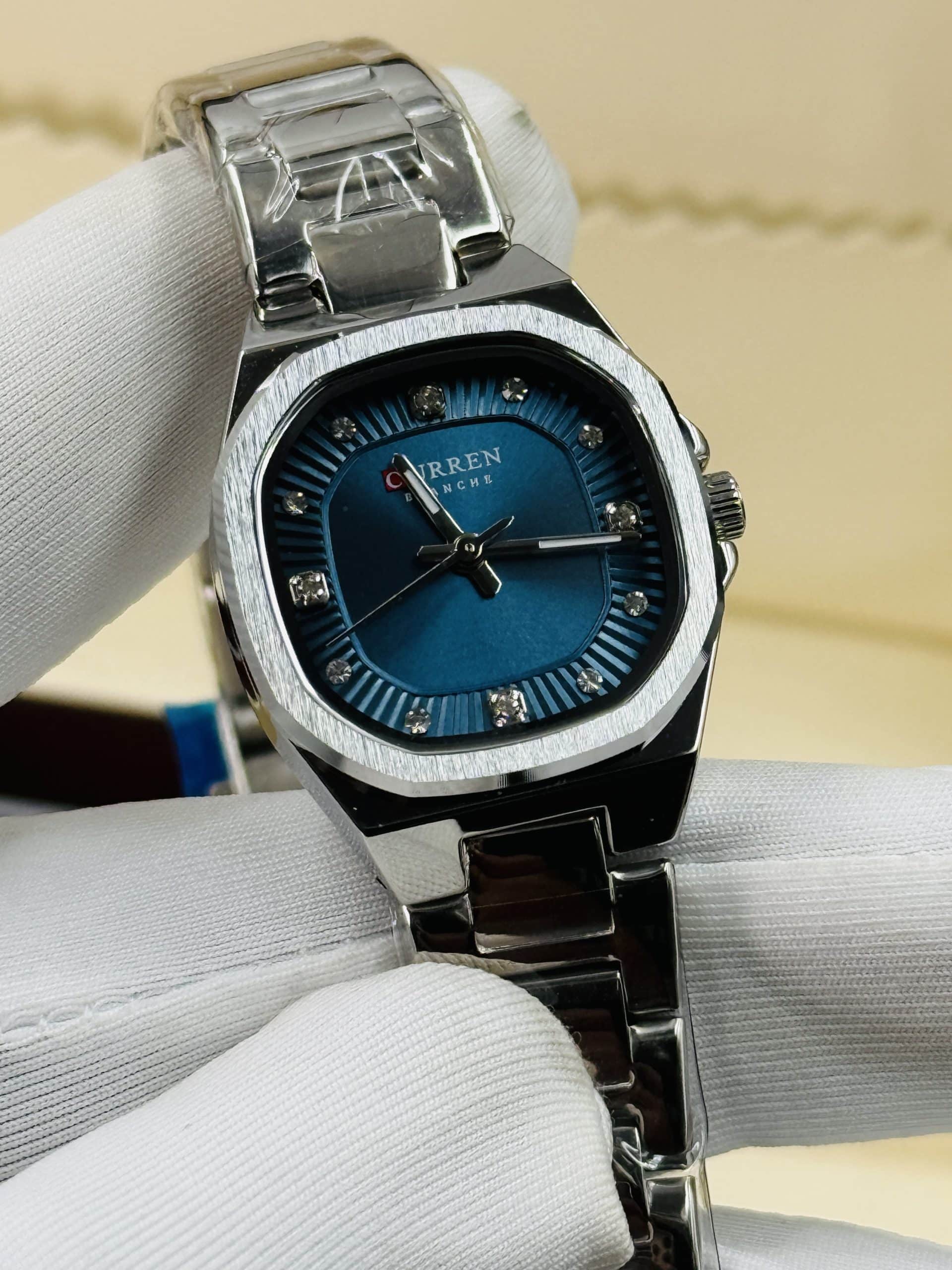 CURREN 9104 Women's Silver Watch with Blue Textured Dial & Crystal Markers | Time Ticking - Image 3