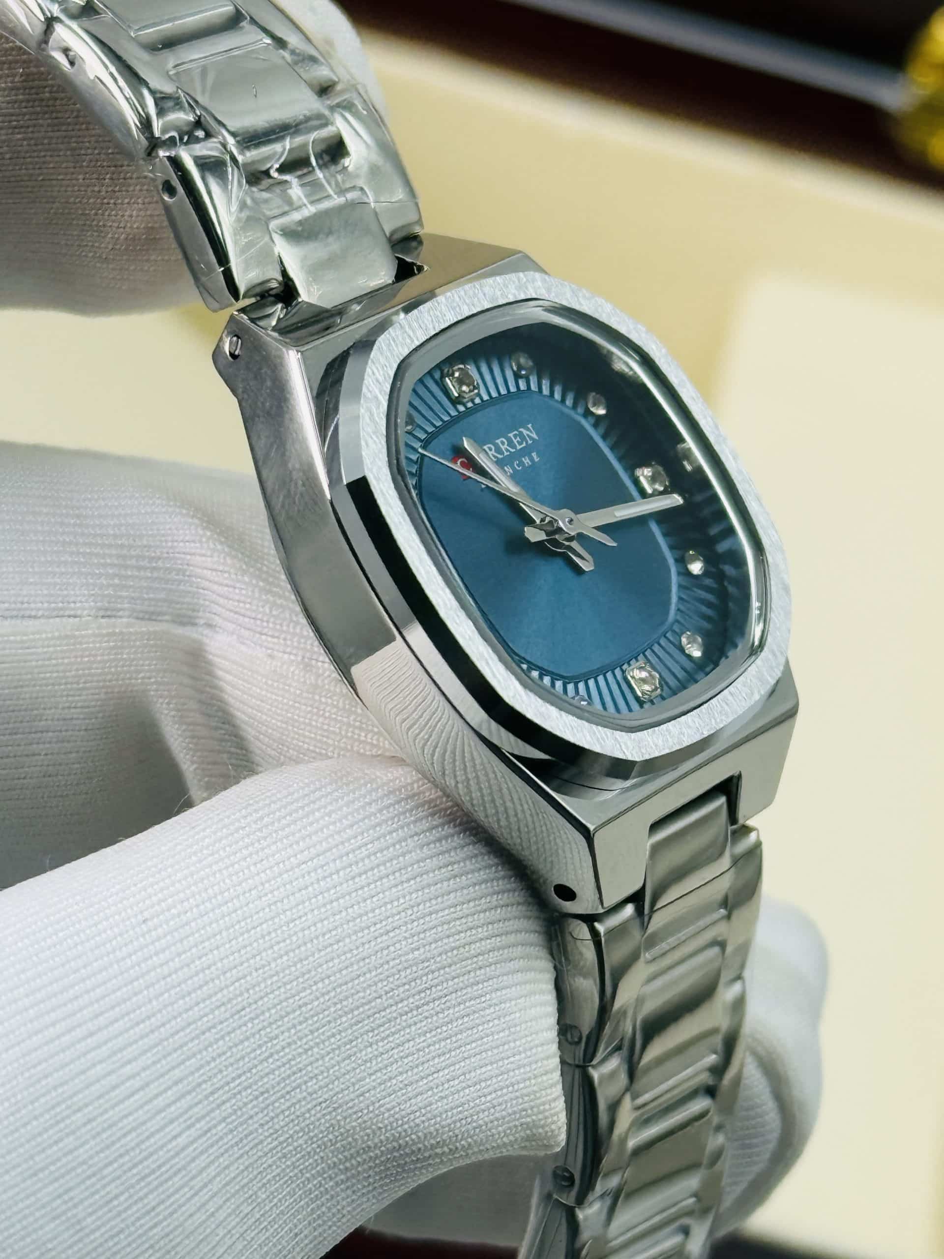 CURREN 9104 Women's Silver Watch with Blue Textured Dial & Crystal Markers | Time Ticking - Image 5